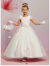 Cap Sleeves Lace Organza Heart-shaped Back Flower Girl Dress